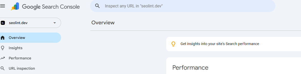 Google Search Console URL Inspection search bar at the top of the dashboard, focused and ready to accept a URL.
