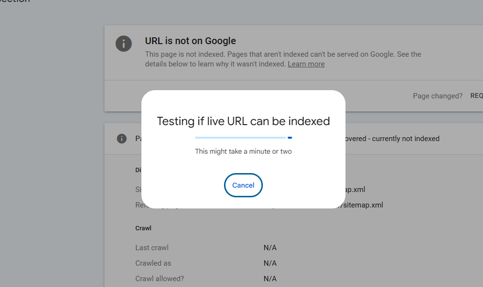 Google Search Console showing the 'Testing live URL' progress loader after clicking Request Indexing, with a spinner and status message.
