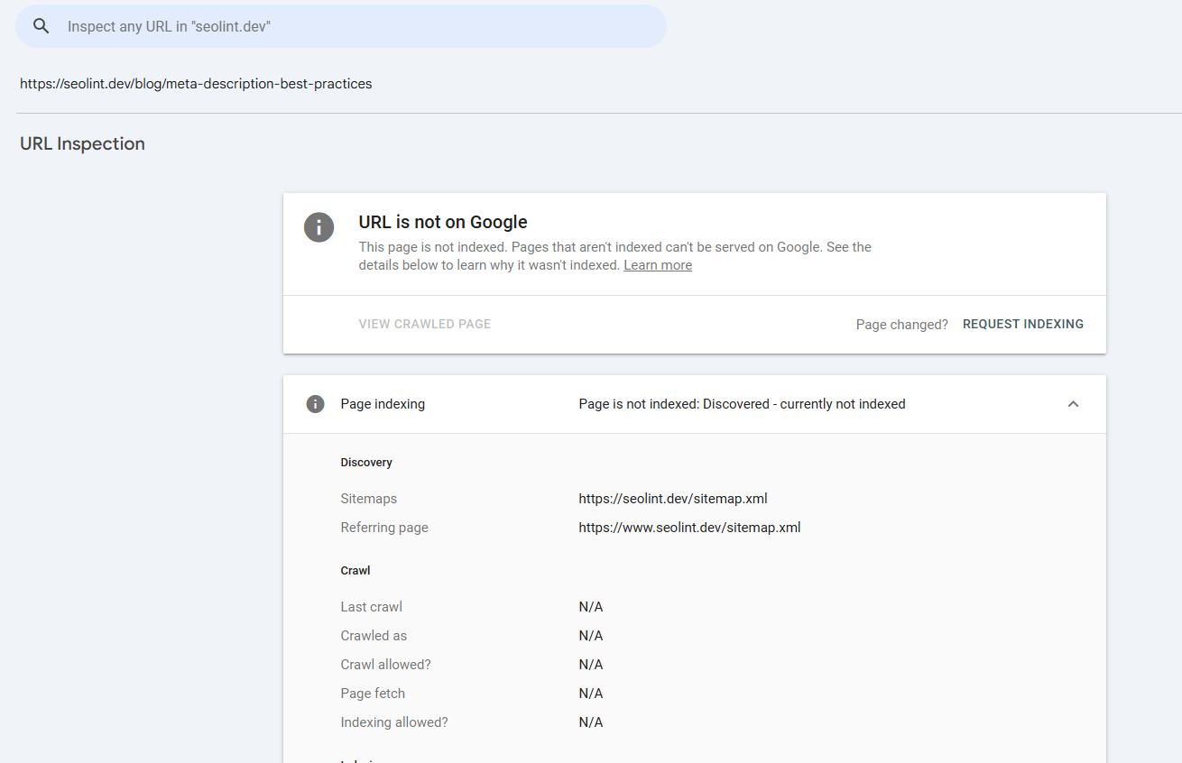 Google Search Console URL Inspection result showing 'URL is not on Google' with the Coverage panel expanded and the Request Indexing button visible on the right.